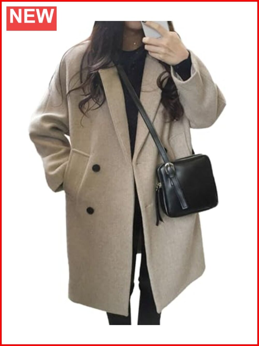 Women's Double Breasted Wool Blend Notch Lapel Long Pea Coat Warm Winter